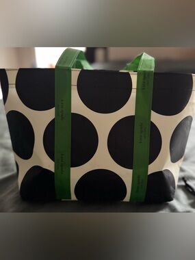 kate spade Black & White Polka Dot shopping bag with Green Straps